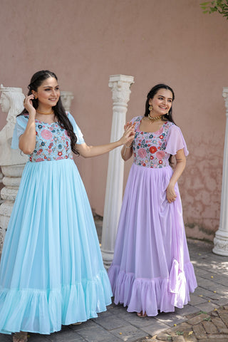 Sky and purple gown