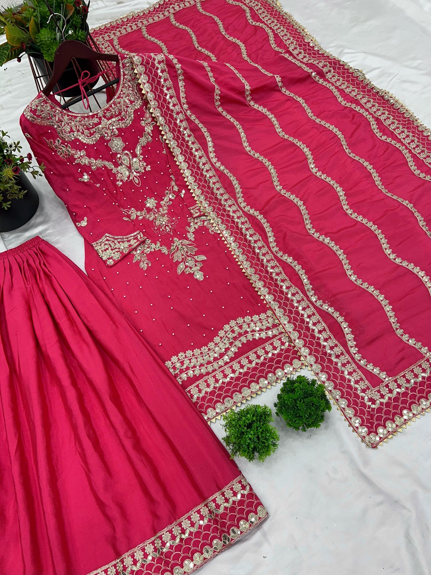 Pink color chinon silk sharara suit with dupatta images