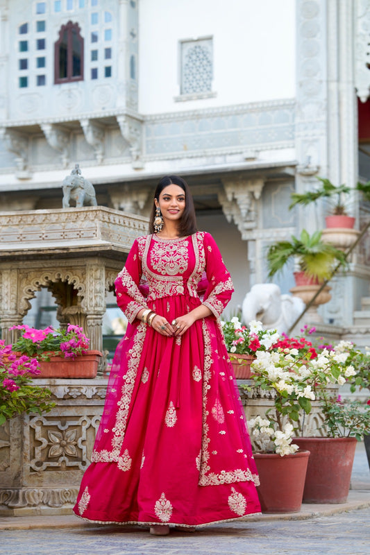 Pink color vichitra silk long gown for women