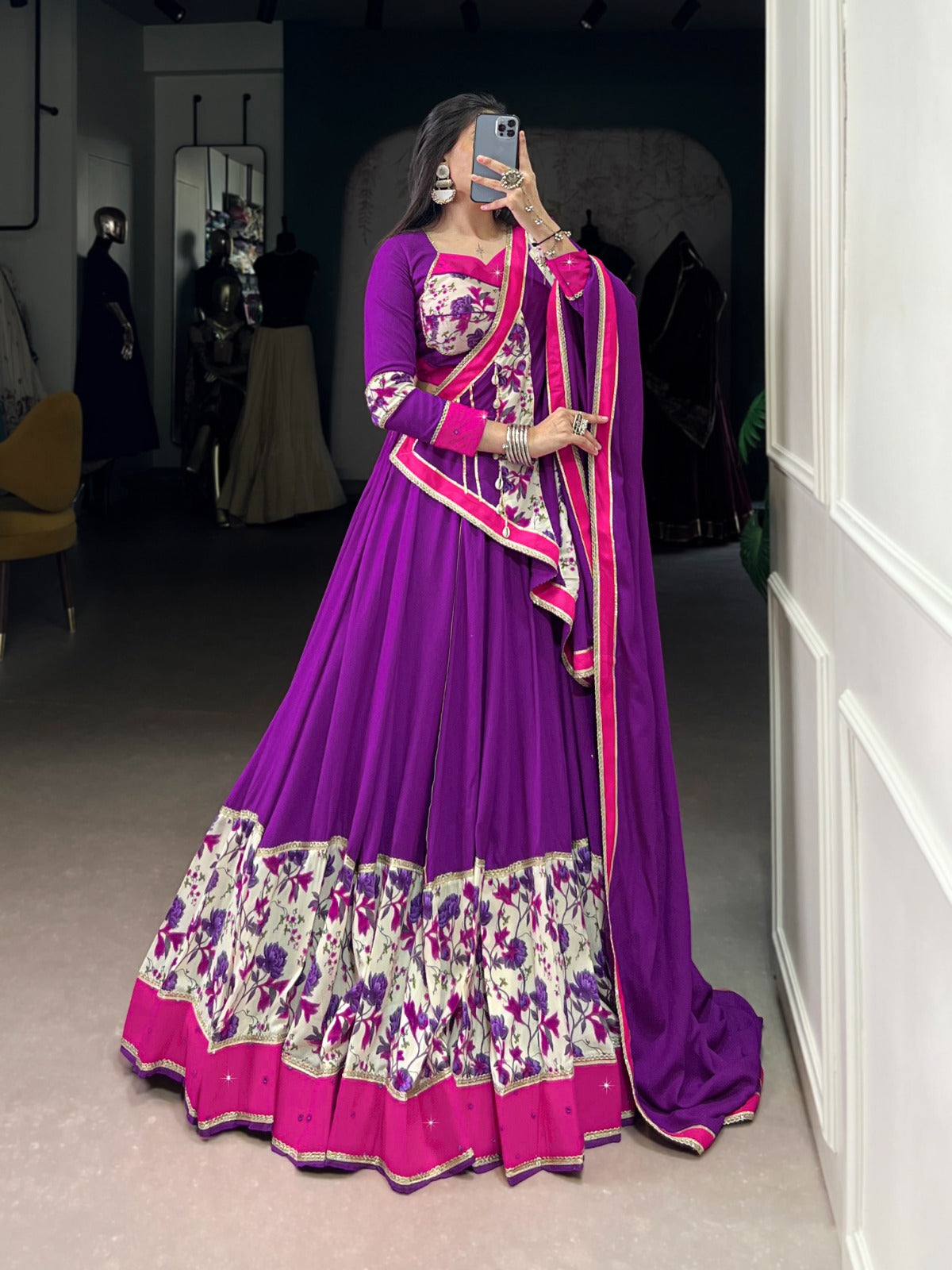 Purple mirror work chaniya choli with dupatta