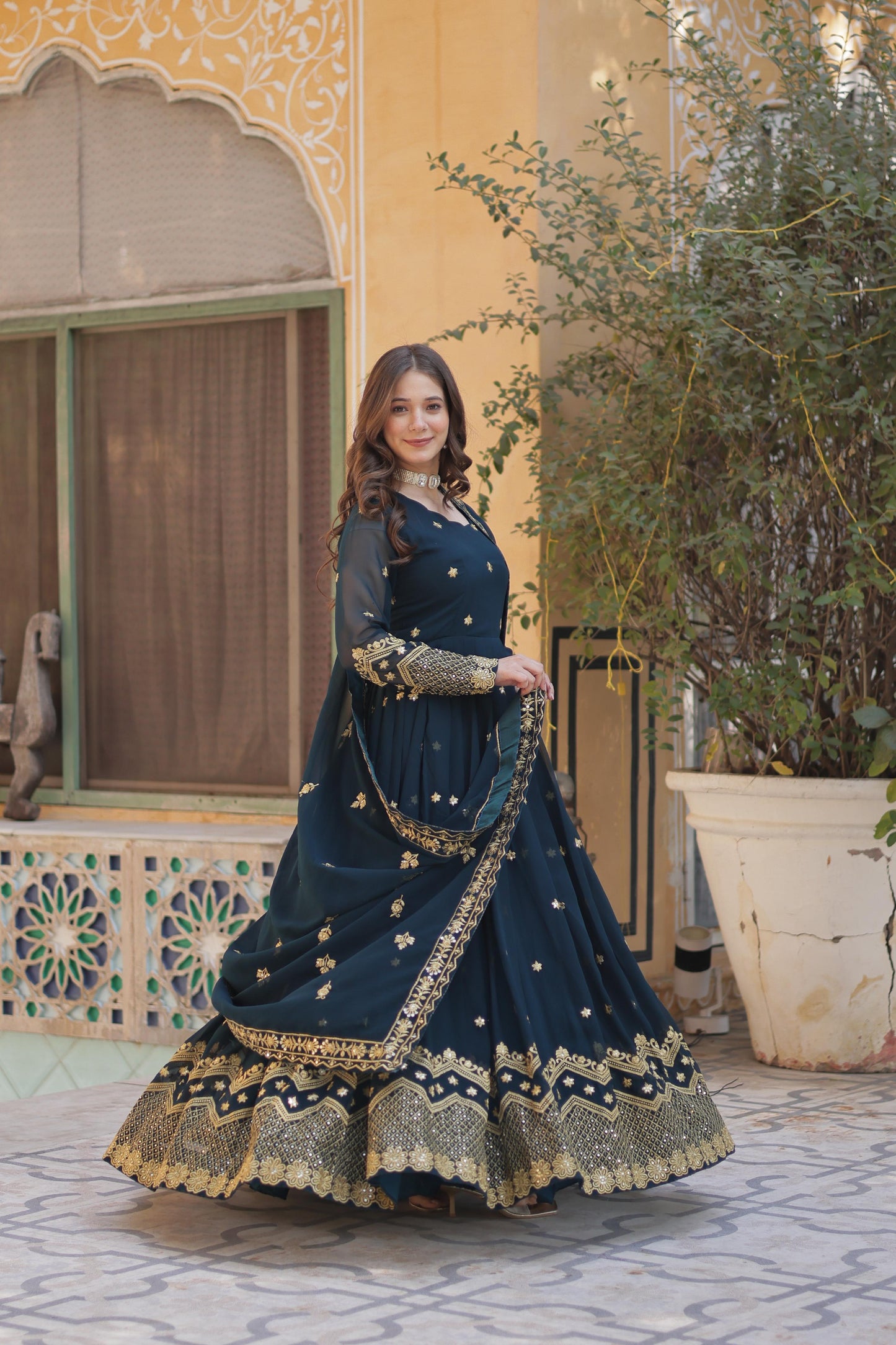 Teal blue color faux blooming anarkali gown price