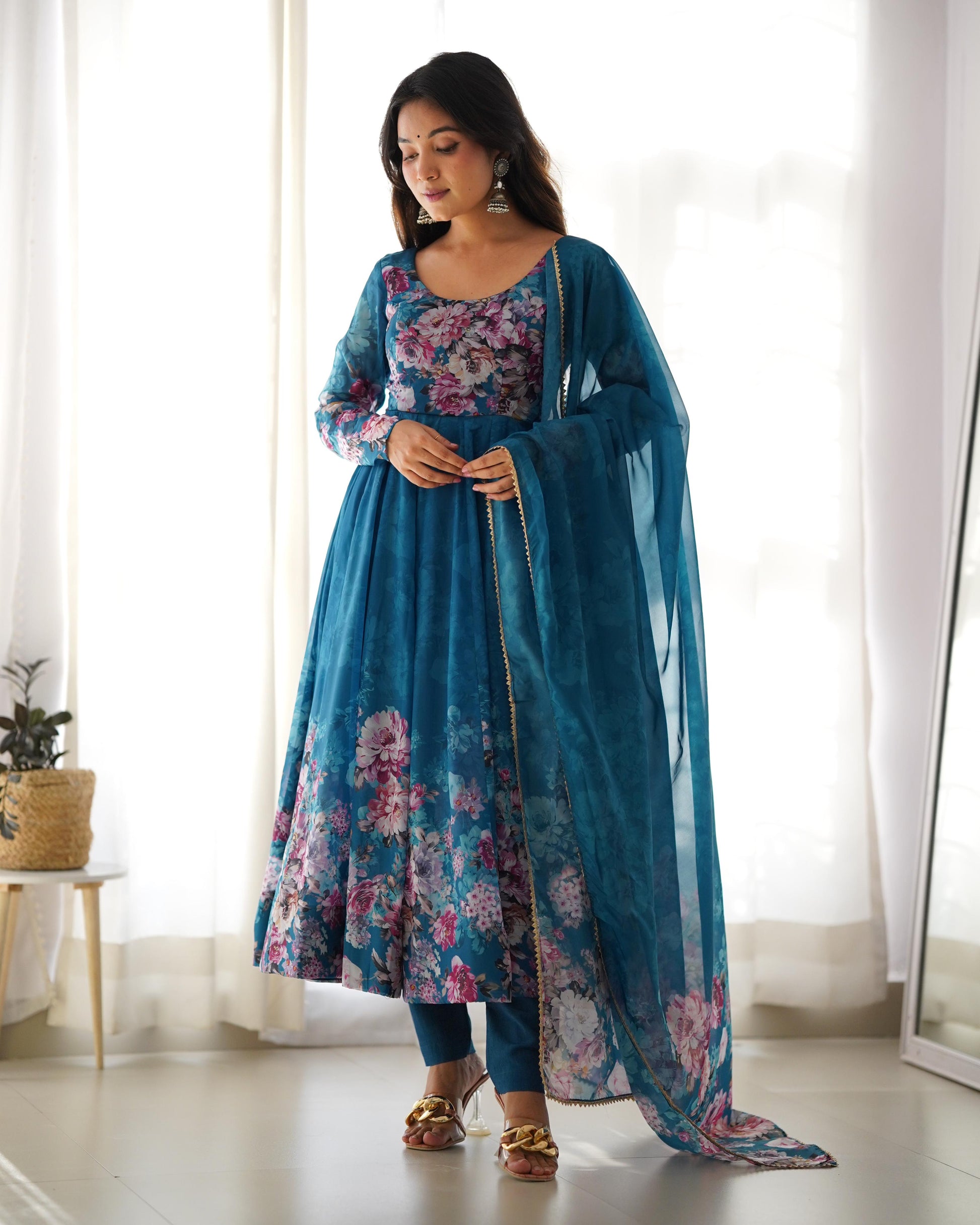 Teal color organza silk salwar suit price