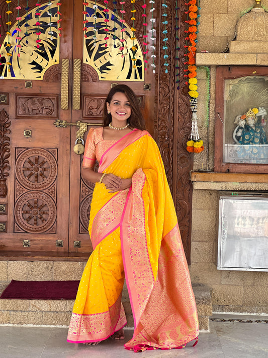 Yellow Banarasi Saree for bride
