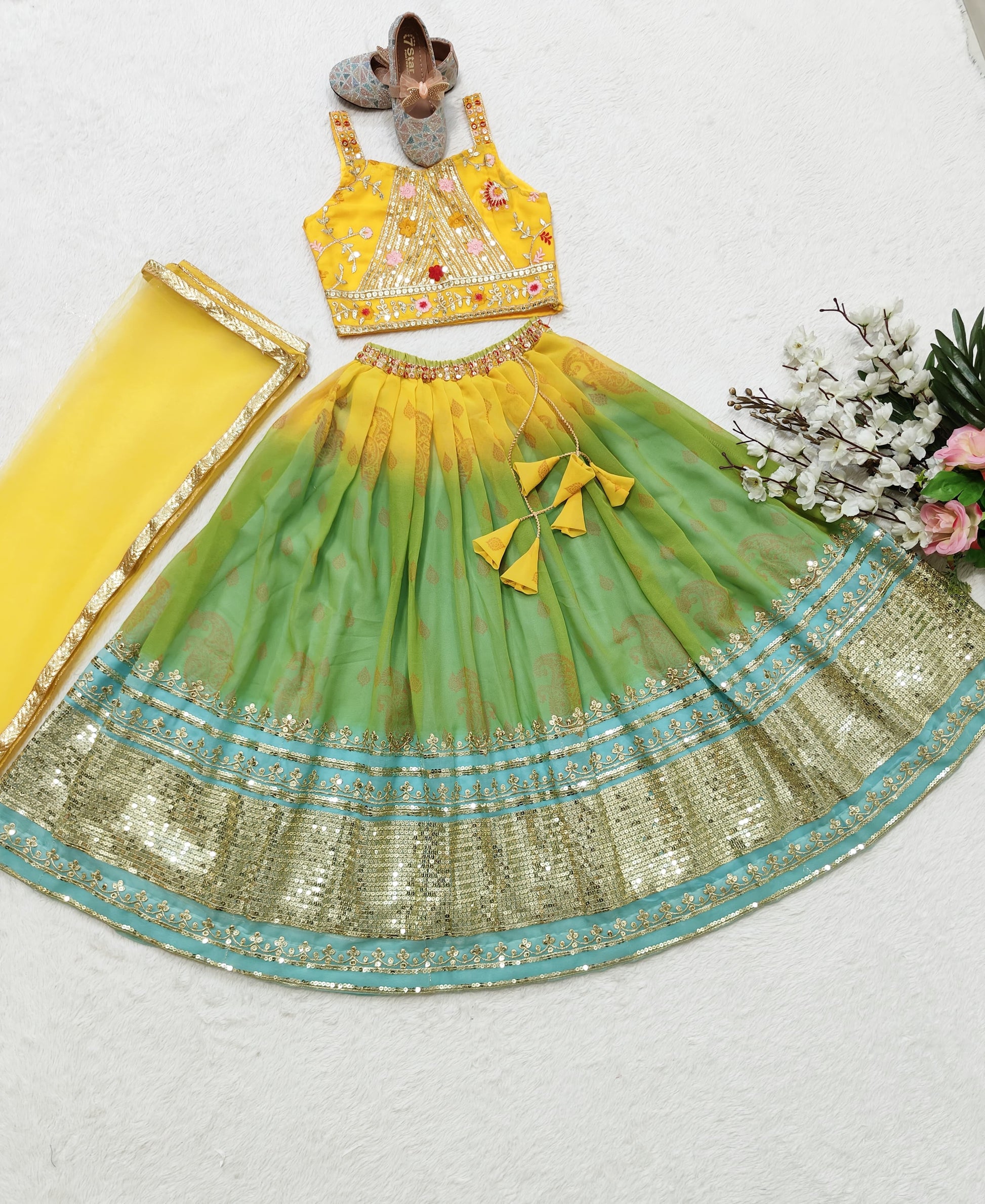 Green georgette lehenga choli for small girls online
