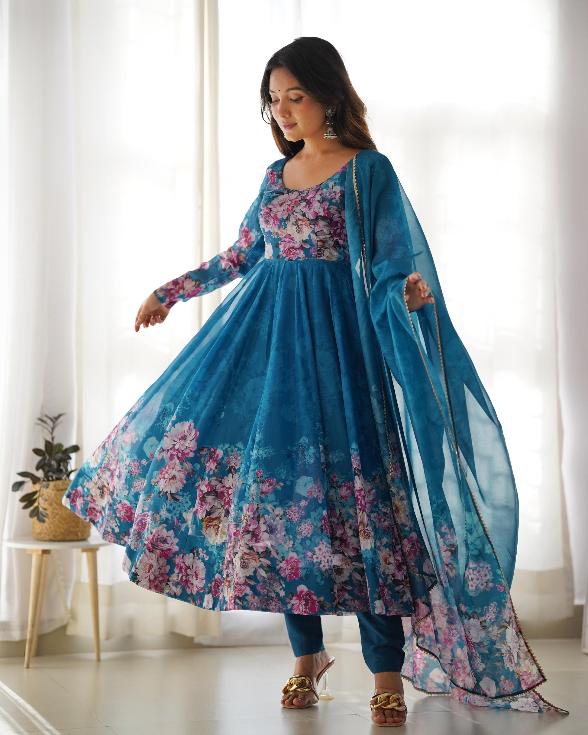 Teal color organza silk salwar suit with dupatta