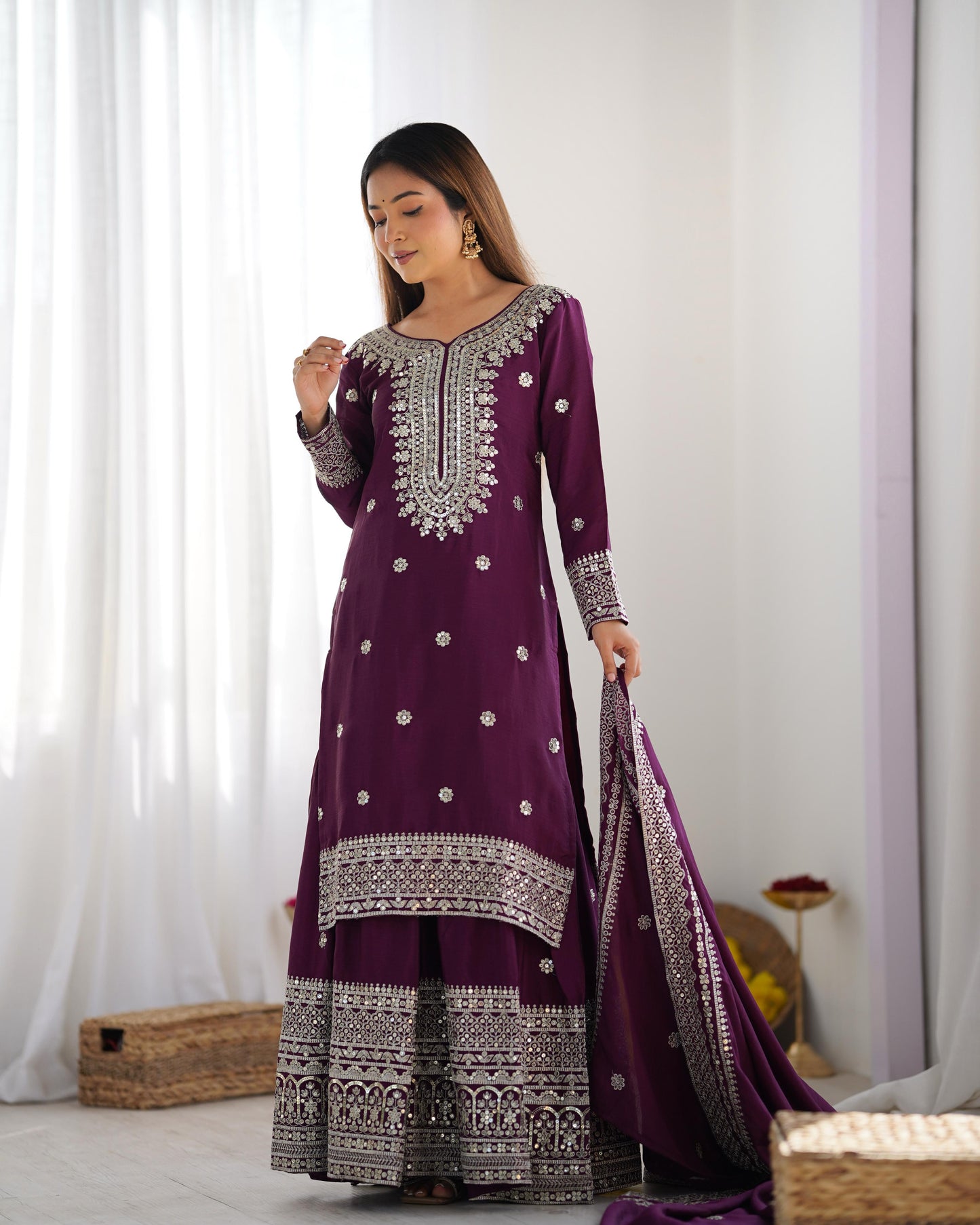 Purple color chinon silk sharara suit with dupatta price