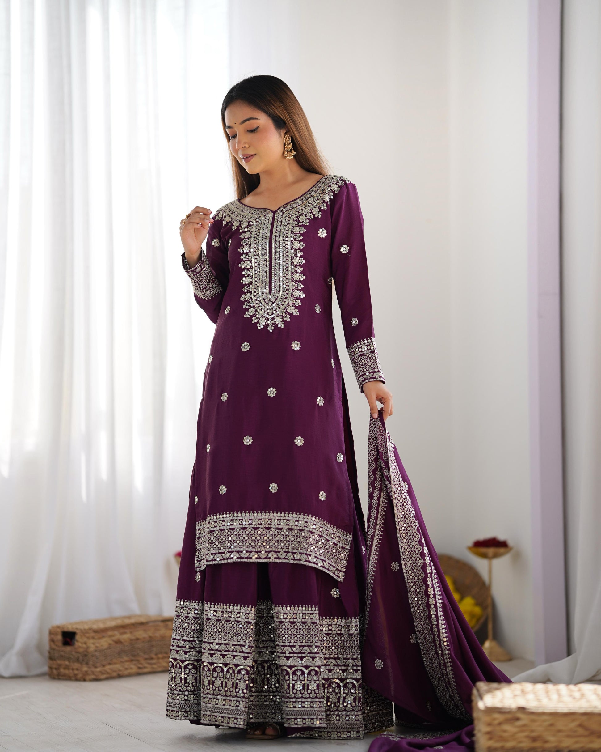 Purple color chinon silk sharara suit with dupatta price