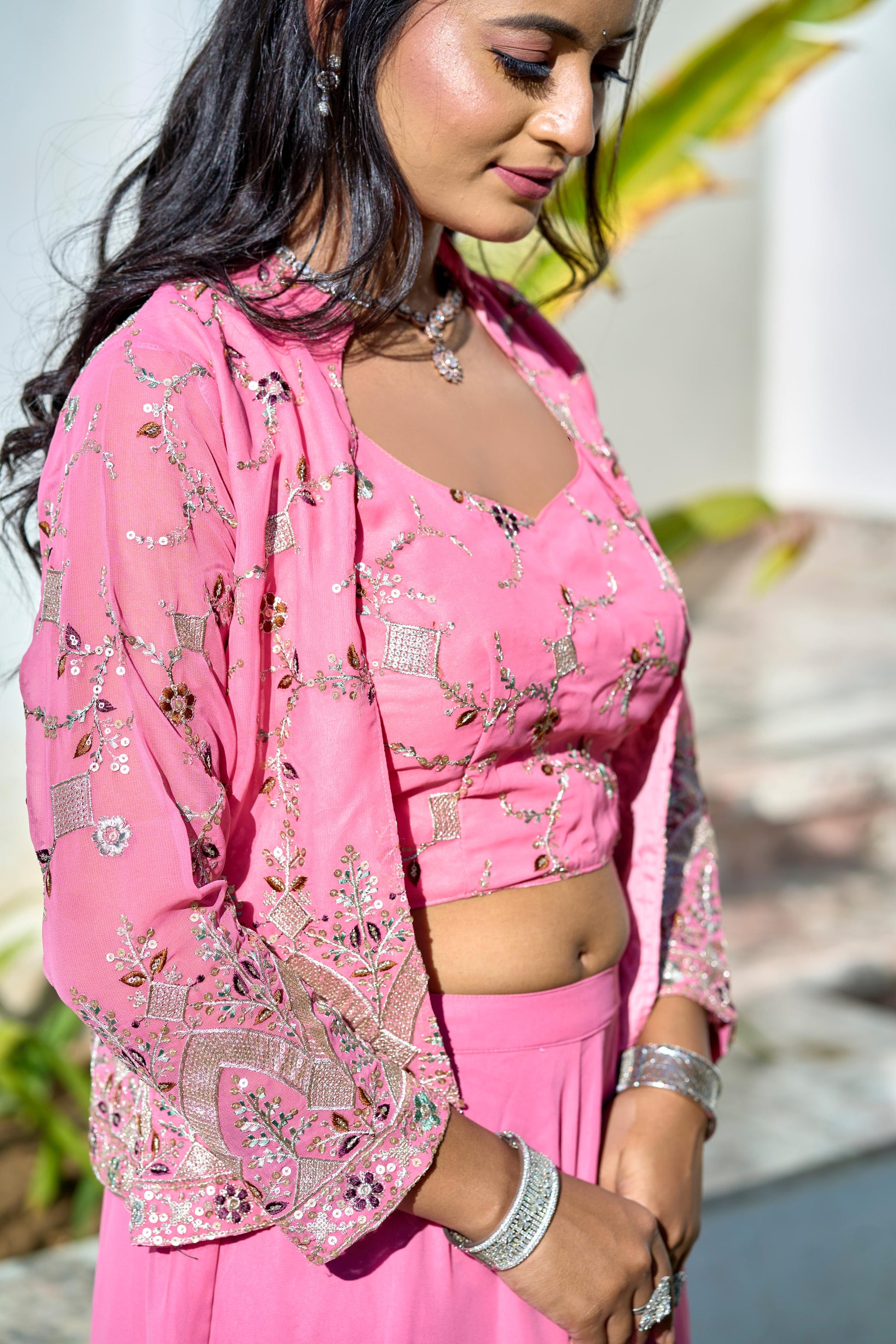 Pink color georgette sharara suit with koti for wedding