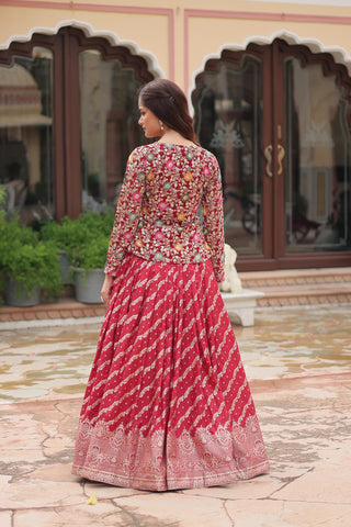 Red color weaving lehenga for party wear