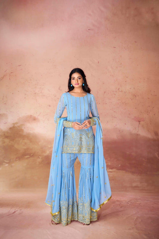 Sky color georgette sharara suit for women
