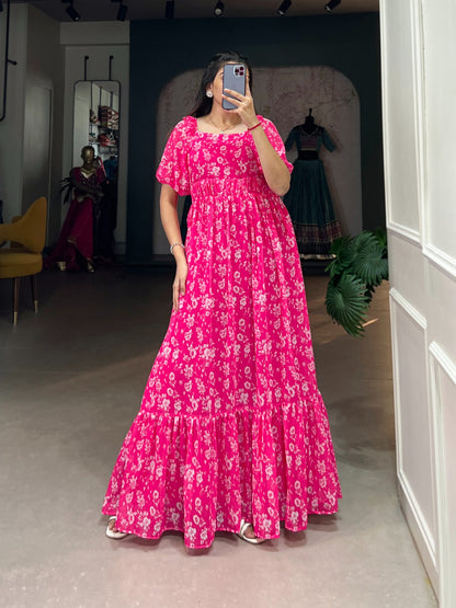 Pink color georgette printed long gown images