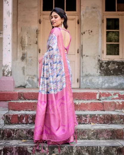 Pink color banarasi silk saree with blouse