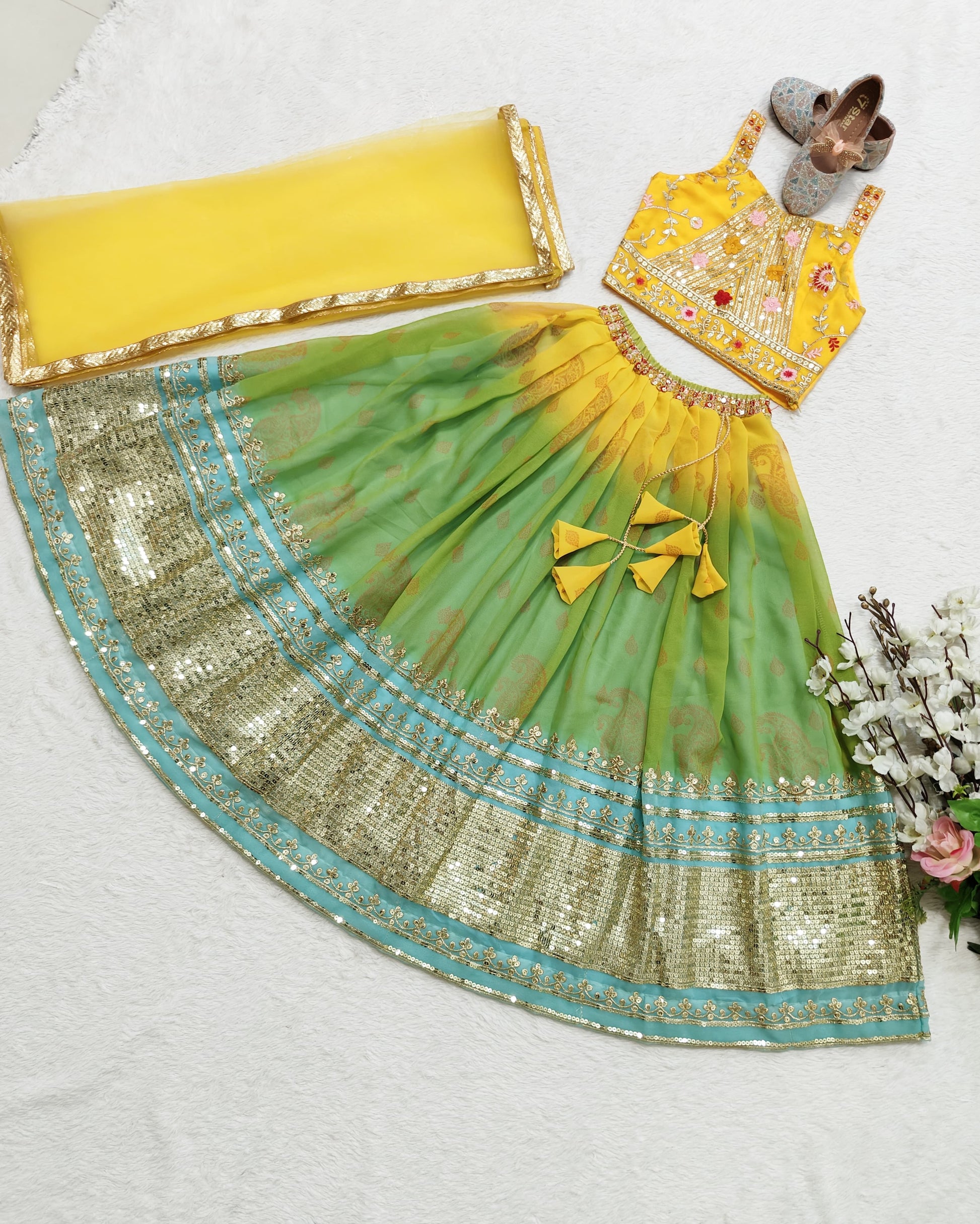 Dark green georgette lehenga choli for small girls

