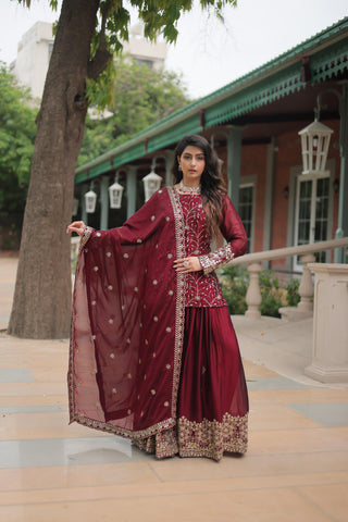 Maroon color rangoli silk sharara suit for women