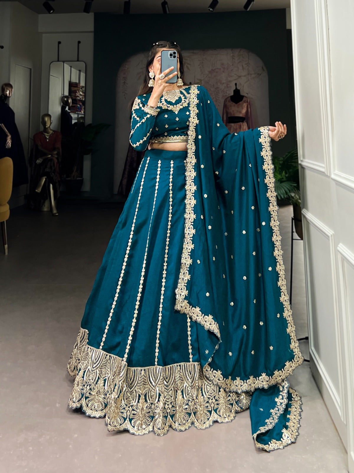 Firozi color vichitra silk lehenga choli for wedding