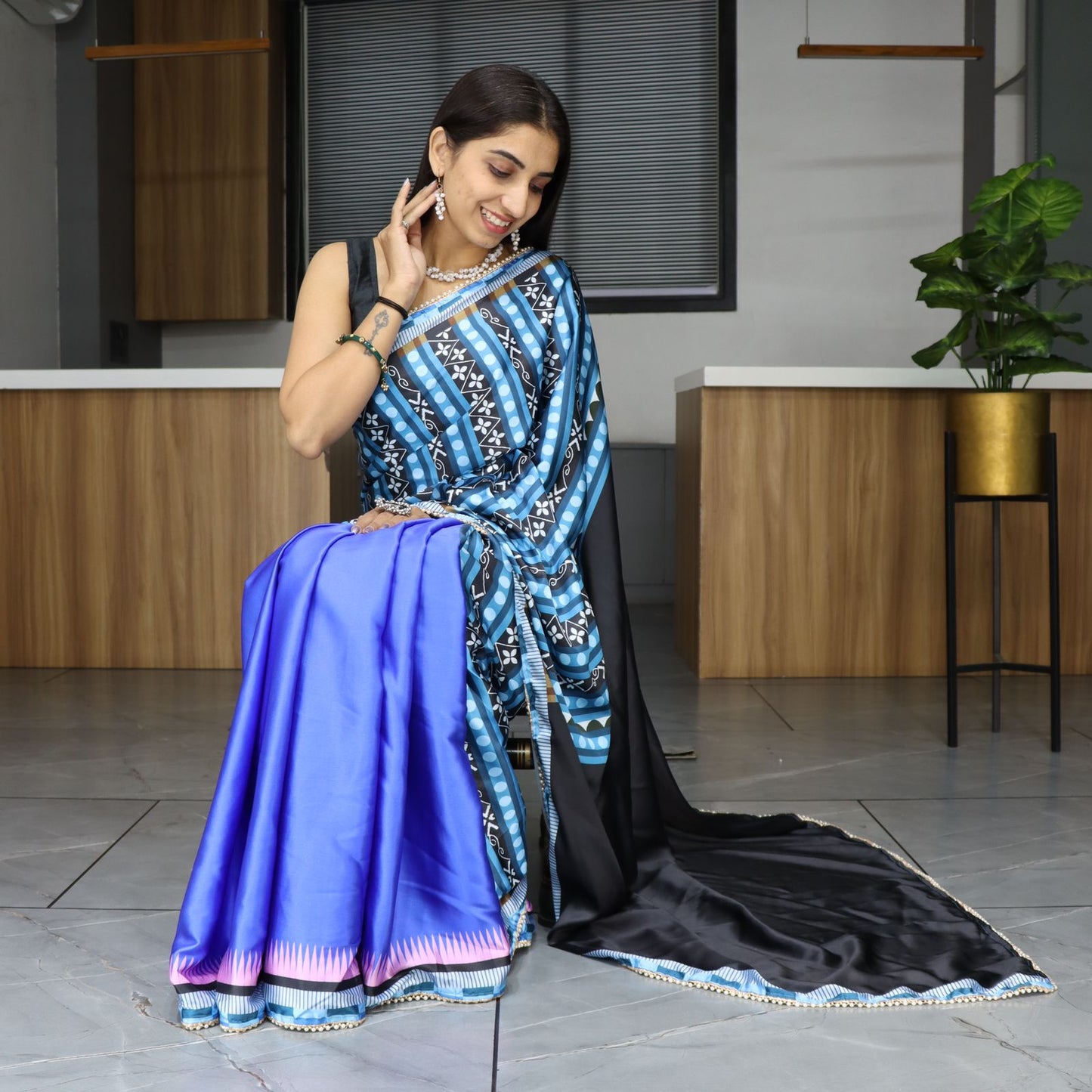 Blue color japan satin saree online shopping