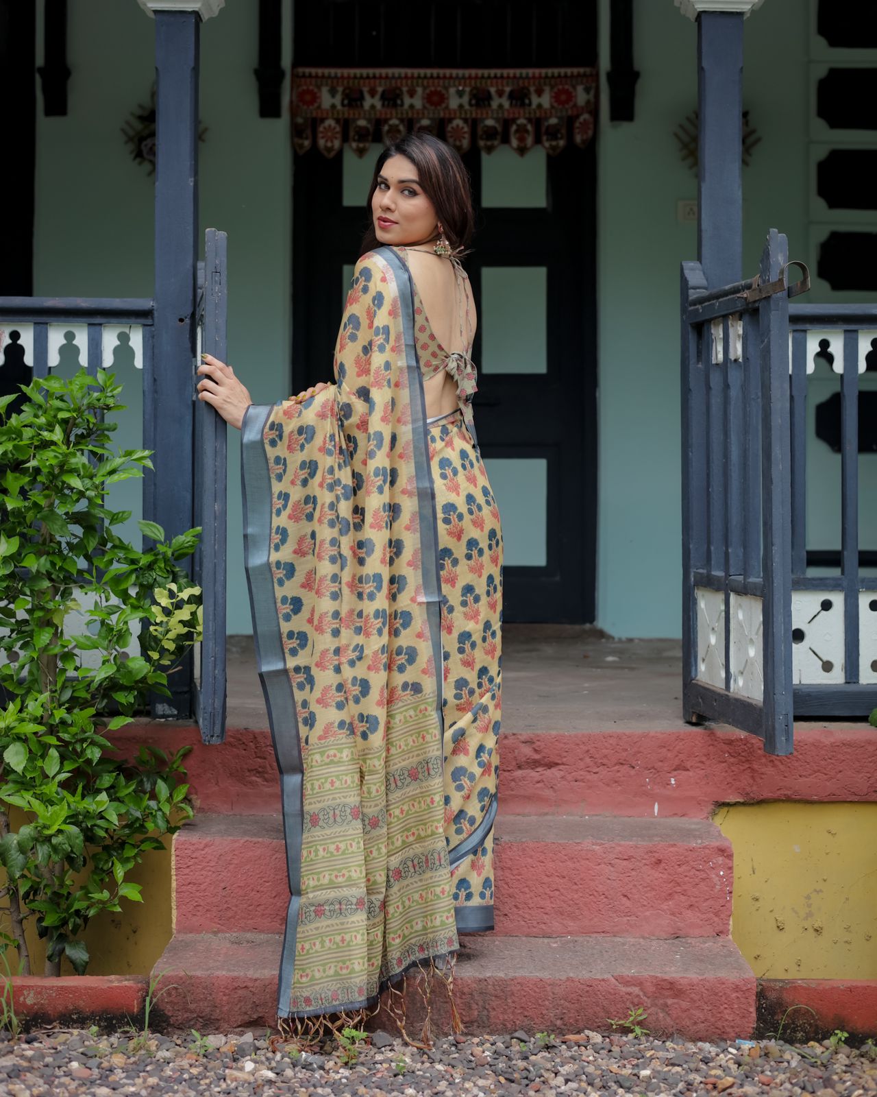 Beige color linen printed saree with blouse online