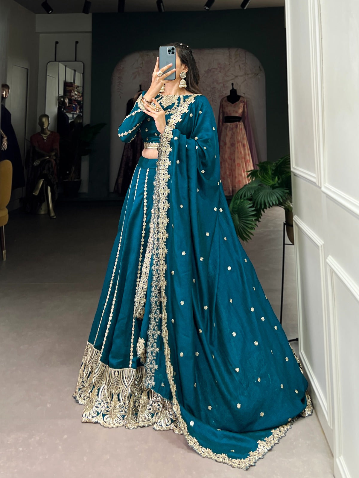 Firozi color vichitra silk lehenga choli with dupatta online