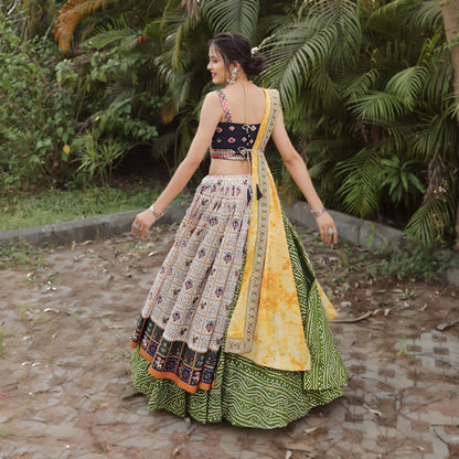 Green color slub cotton printed lehenga choli