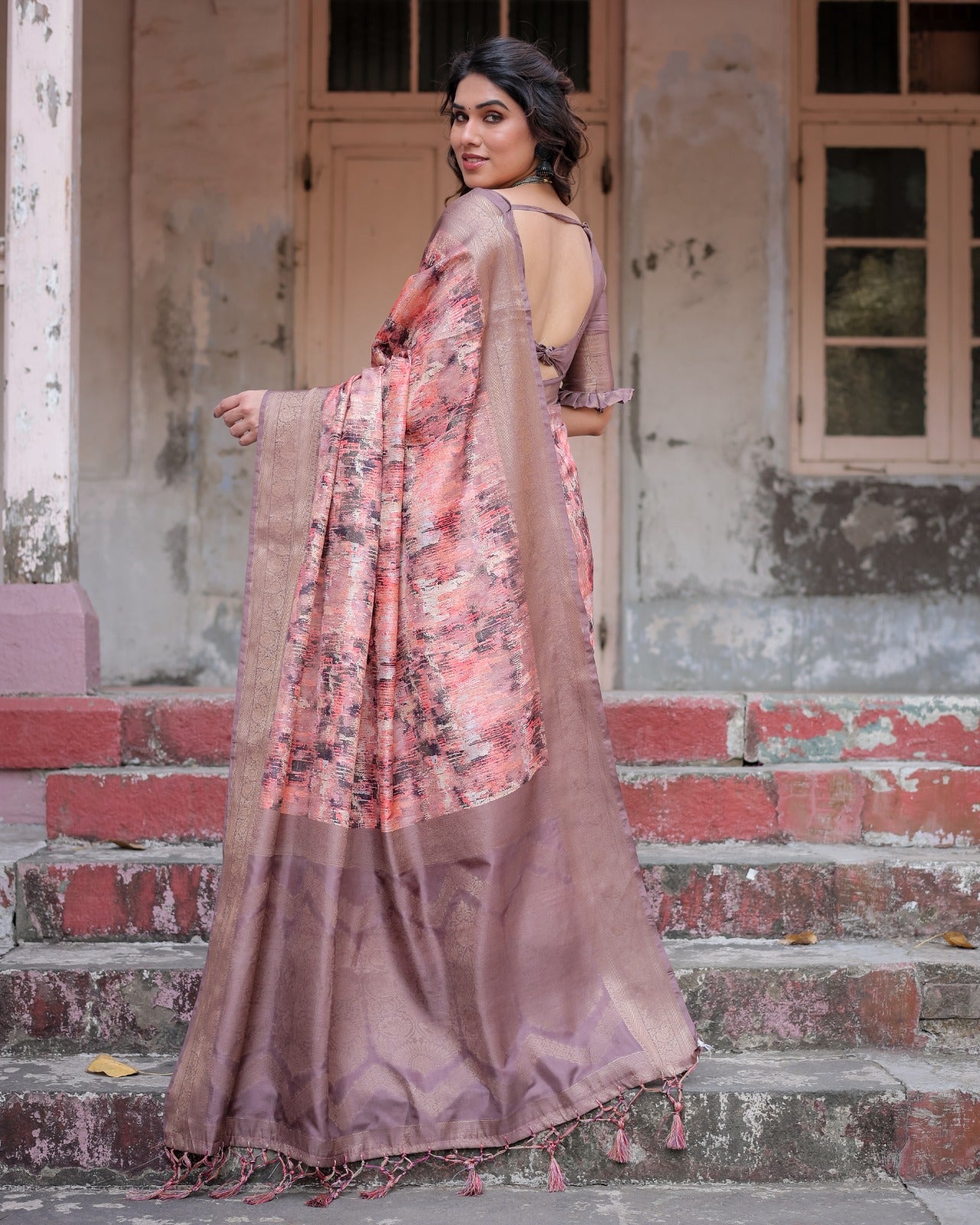 Peach color banarasi silk saree for wedding