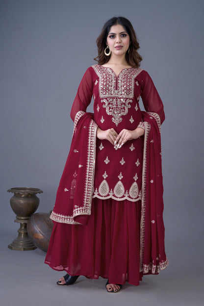 Maroon color georgette sharara suit for wedding