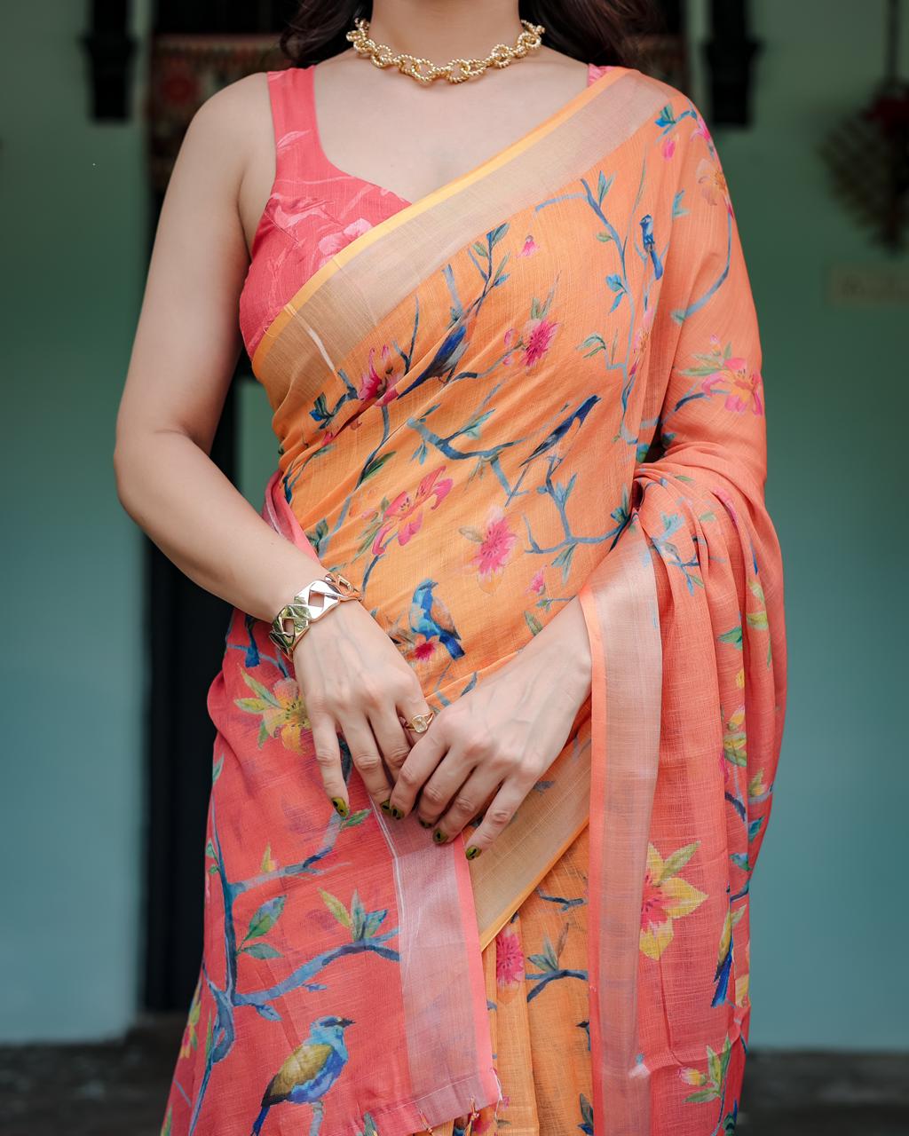 Orange color linen saree with blouse images