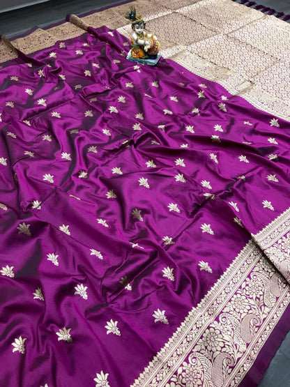 Purple color lichi silk saree with blouse for wedding
