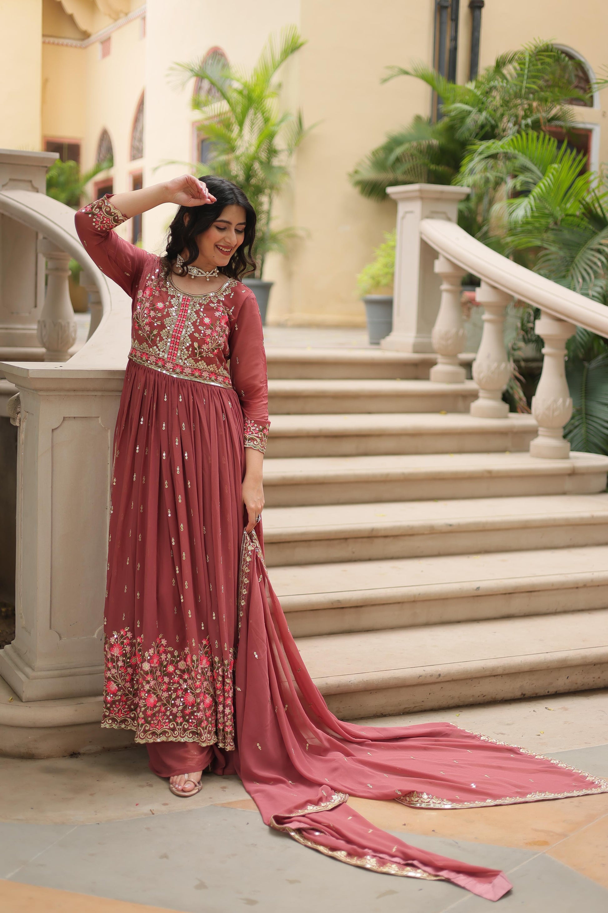 Rust color georgette long sharara suit for wedding