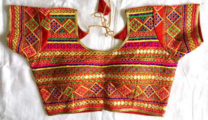 Red Silk mirror work sarees blouse for women online shopping
