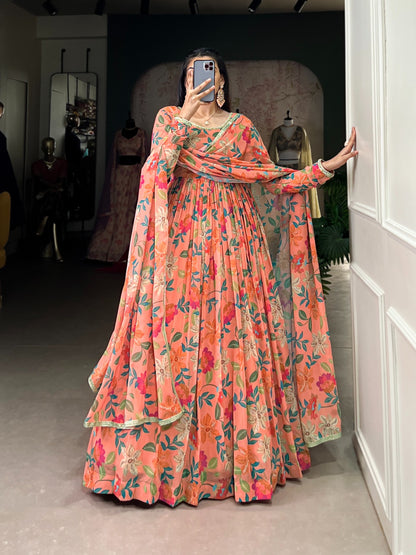 Peach color georgette printed gown for party