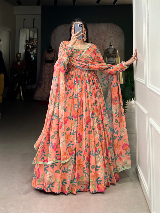 Peach color georgette printed gown for party