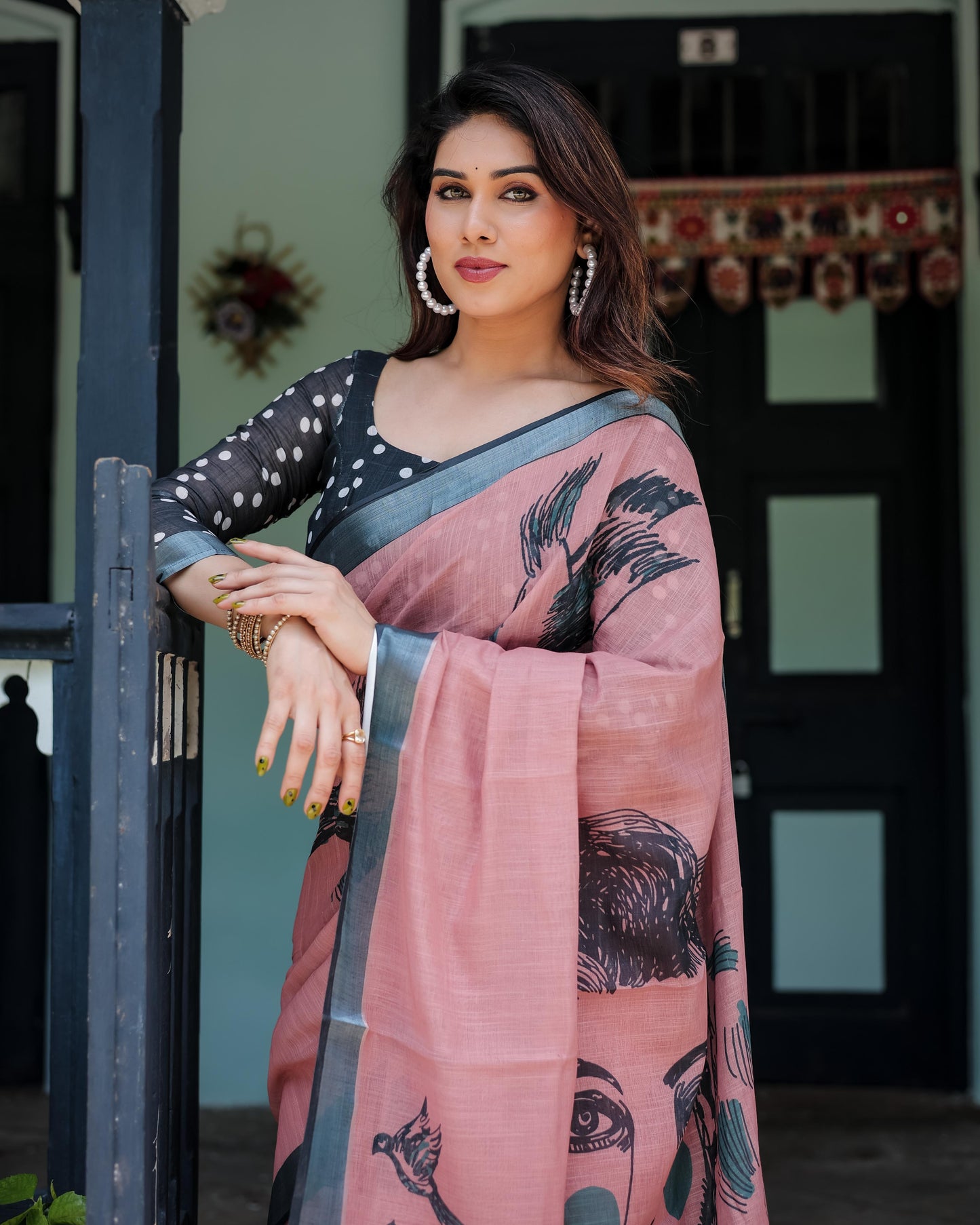 Pink color linen printed saree with blouse online