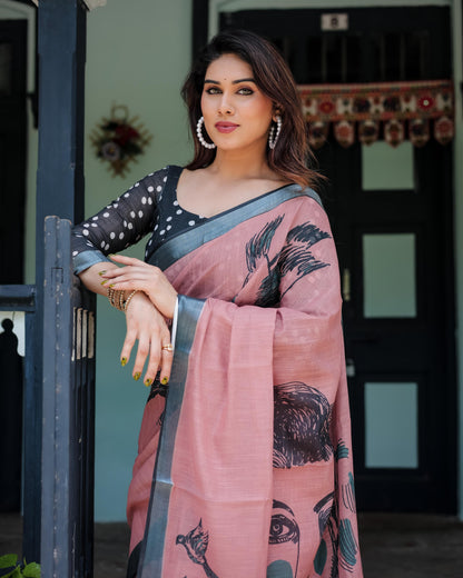 Pink color linen printed saree with blouse online