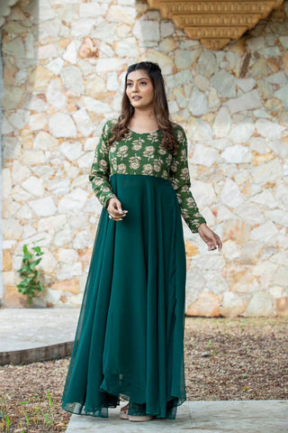 Long green georgette gown for women
