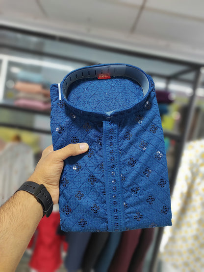 Designer Rayon Lakhnavi Work Men's Kurta With Pajama For Party
