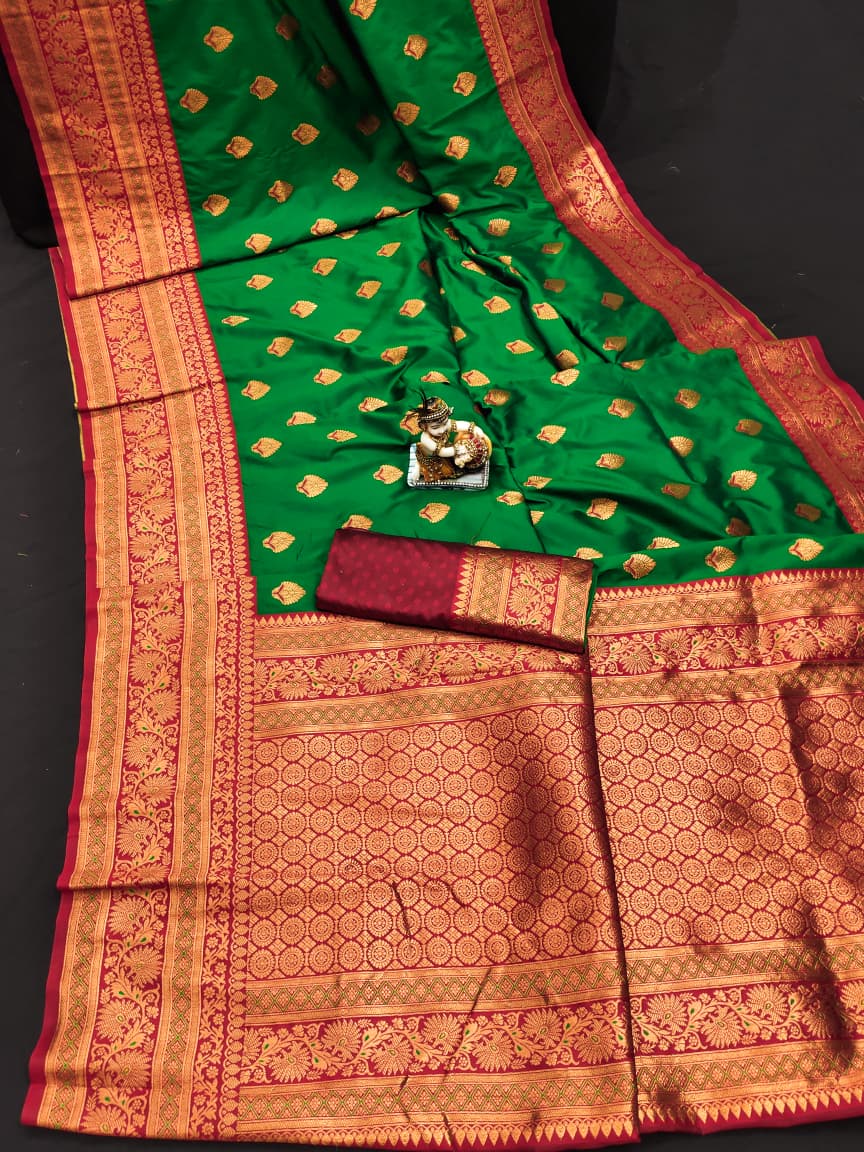 Green color banarasi silk saree for women price