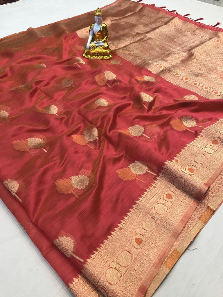 Rust color organza silk saree with blouse online shopping