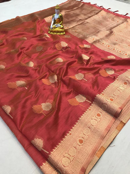 Rust color organza silk saree with blouse online shopping