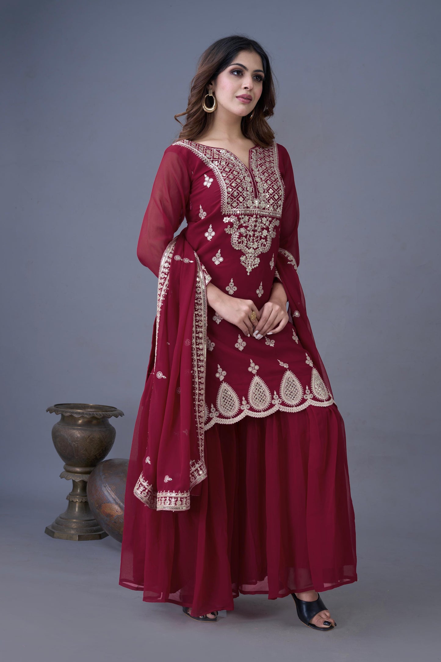 Maroon color georgette sharara suit for party