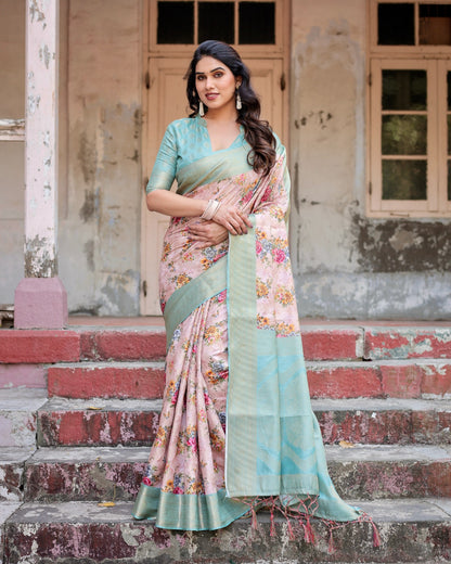 Peach color banarasi silk saree for women