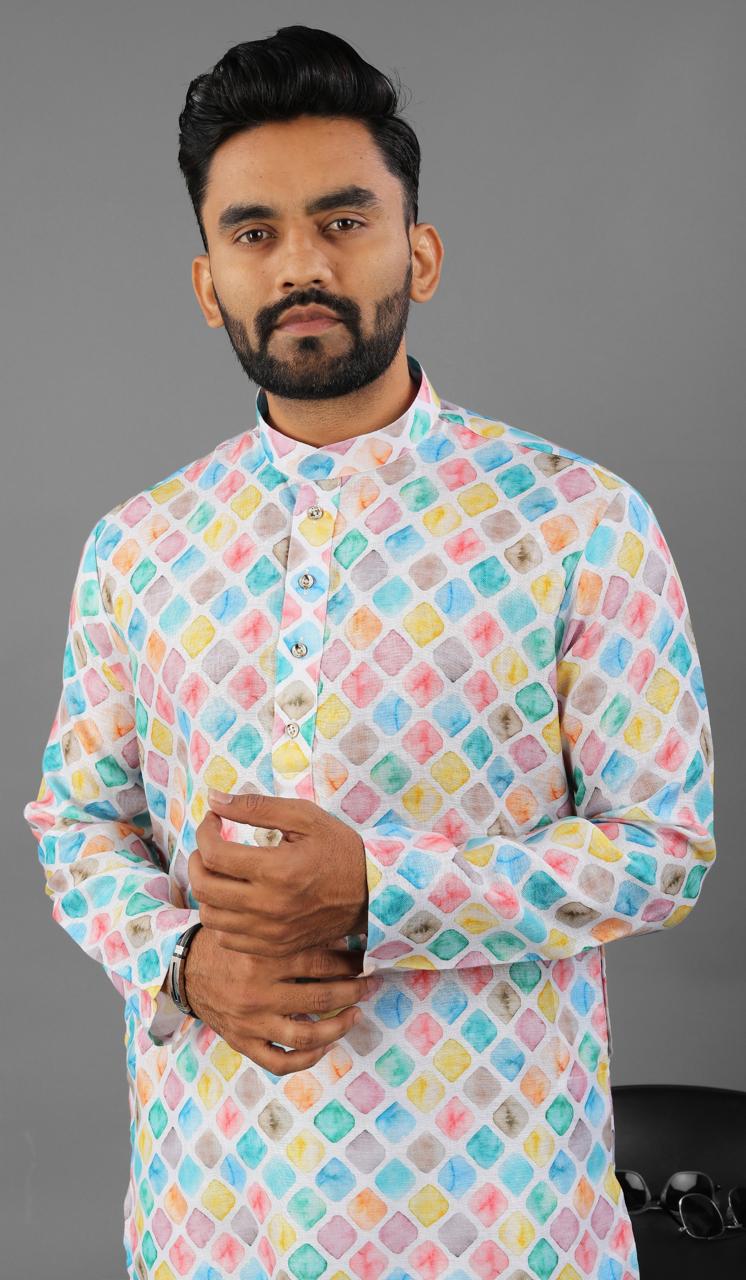 Multi color linen printed men's kurta online shopping