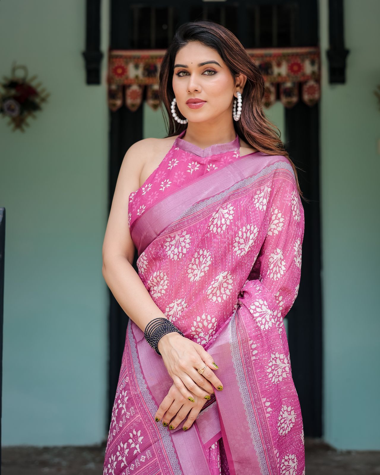 Pink color linen printed saree with blouse price