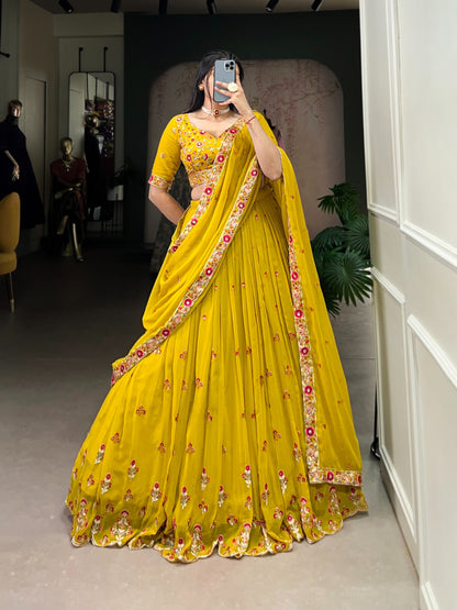 Mustard color georgette lehenga choli with dupatta images