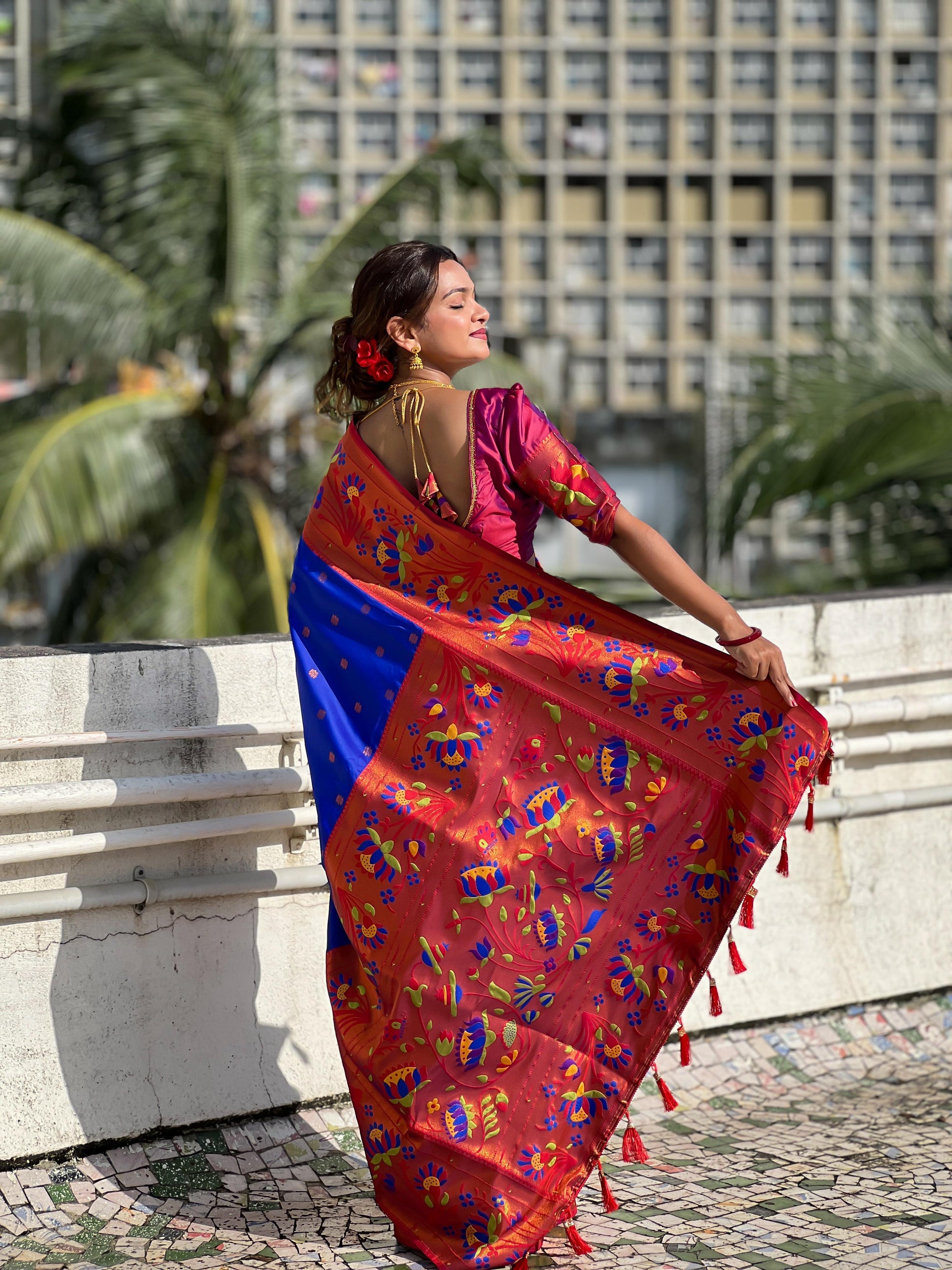 Blue color soft silk saree with blouse images