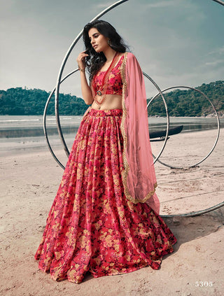 organza gajari red lehenga party wear