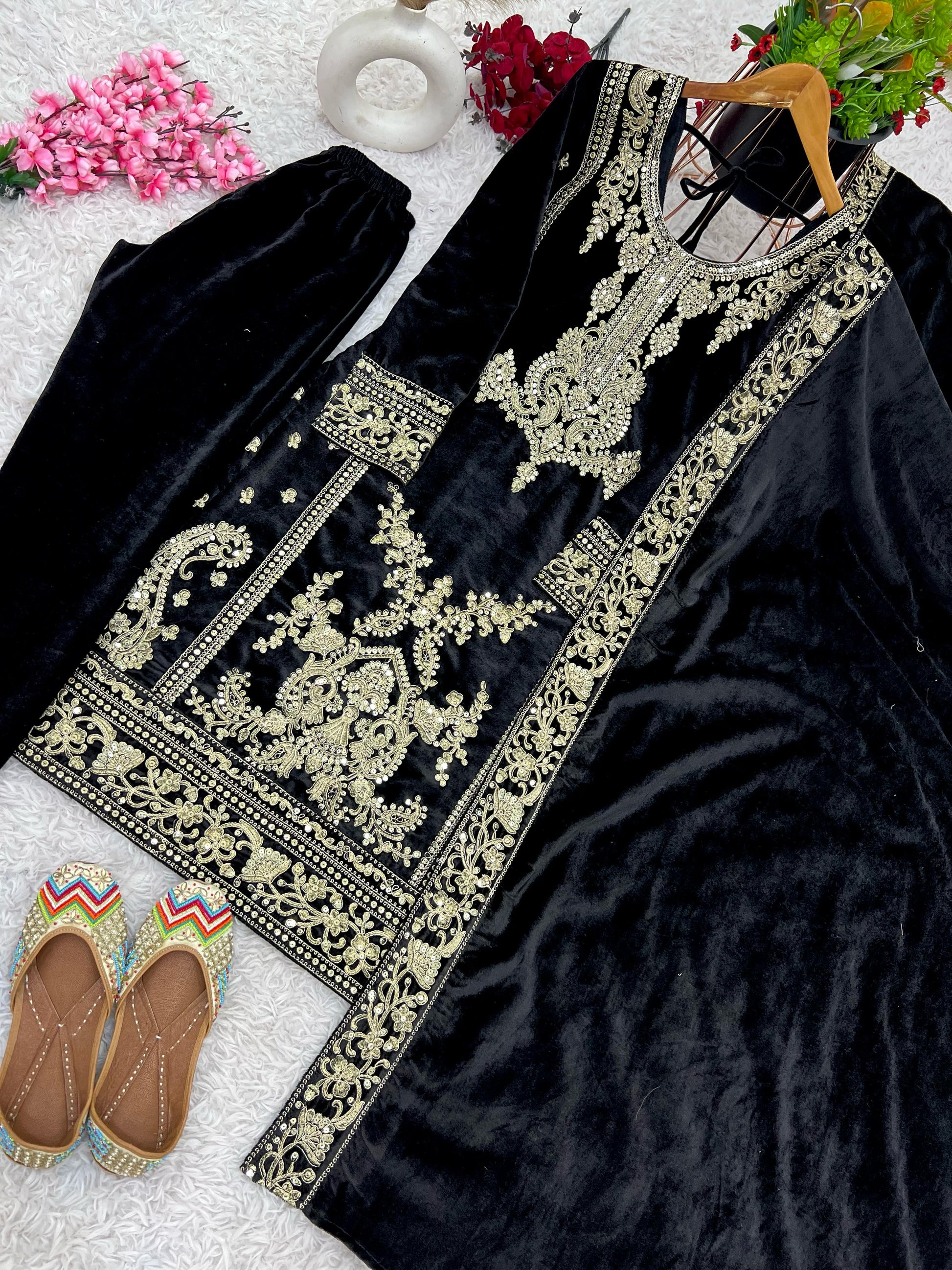 Black color viscose velvet salwar kameez with dupatta
