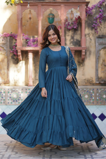Teal blue color georgette anarkali gown with dupatta