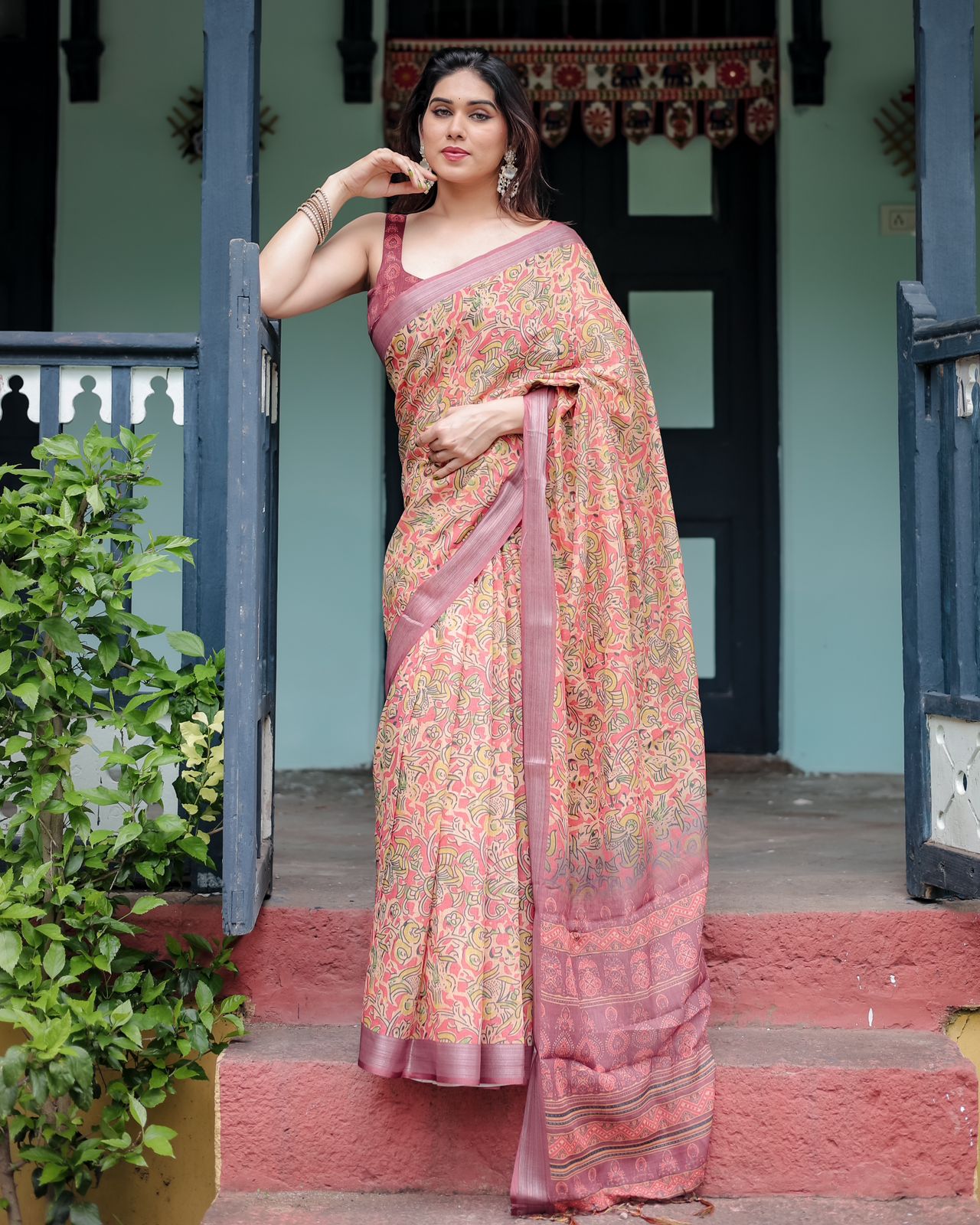 Multi color linen printed saree with blouse online