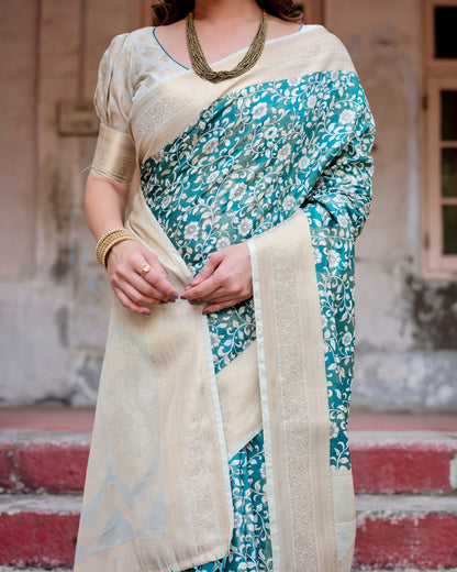 Teal green color linen printed saree with blouse online