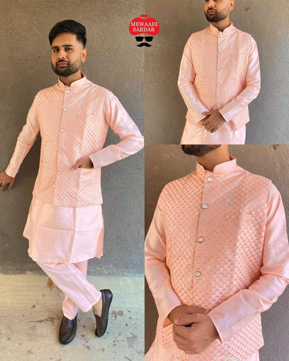 Pink color silk embroidery work kurta